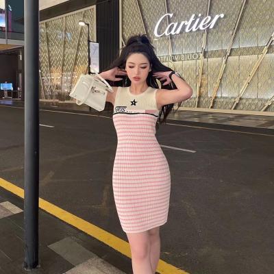 China Anti-wrinkle Brand D temperament navy knit striped five-pointed star letter Diolly short sleeve dress for women for sale