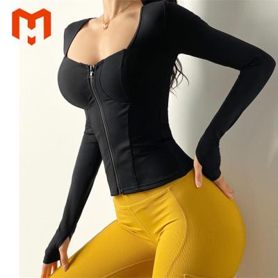 China Breathable Wholesale Low-cut Zipper Sports Chaqueta Active Workout Gym Quick-Dry Running Black Yoga Jacket For Women for sale