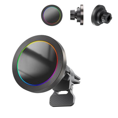 China Iphone Car Charger Ultra Small Diameter Magnetic Wireless Charger Car Mount Aluminium Alloy Texture RGB Light Effect for sale