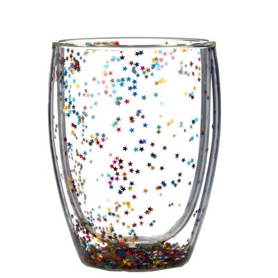 China Sustainable Creative Double Layer Insulated Double Stars Wall Borosilicate Glass Glitter Mug for sale