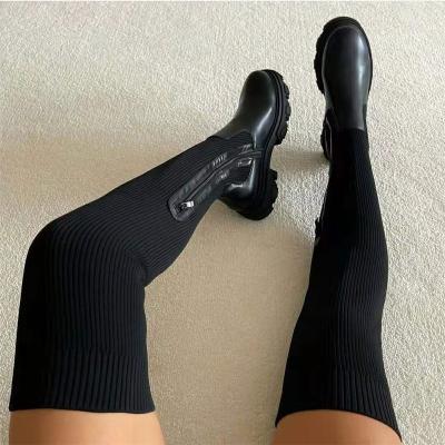 China EB-20110107Stretch Axis Round Knitting Sticky Platform Shoes Women Over Knee High Boots Flats Shoes Chunky Boots Autumn Winter 2022 for sale