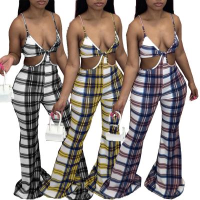 China Anti-pilling New Summer XM-20040113 Women's Casual Plaid Suspenders Hollow Out Overalls One-piece Rocket Pants 2022 Women's Jumpsuit for sale