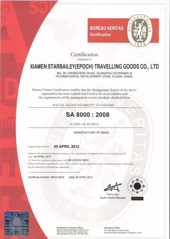 SA8000 Certification---SOCIAL ACCOUNTABILITY STANDARD - Starbailey (STB) Xiamen Technology Co., Ltd