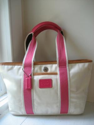 China canvas handbag hight quality Tote White Satin Nylon and Pink Webbing Tote Bag for sale