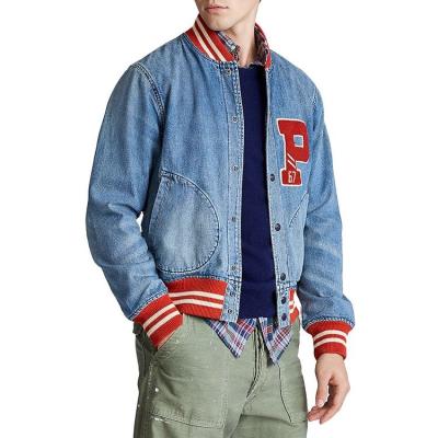 China Custom Vintage Plus Size Leisure Men Blue Embroidery Denim Baseball Jackets Fashion for sale