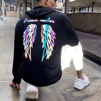 China Custom Hoodies Men's Street Style Fashion Street Style Fashion Long Sleeve Cotton Terry Letter Wing Print Reflective Sweatshirt Hoodies for sale