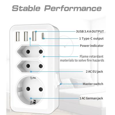 China New Portable 1 to 3 Way EU EU Electric Power Supplement, Wall Socket Outlet, Wall Power Outlet with 3 USB+Type C Port for sale