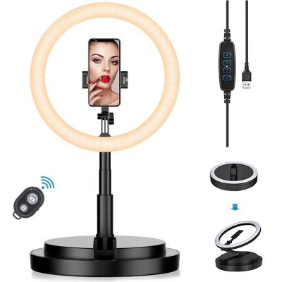 China Modern 2 in 1 LED Selfie Ring Light Live Stream Adjustable Clip Desk Makeup Light Mobile Phone Stand Fill Light LED Lamp for sale