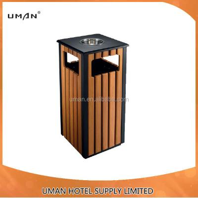 China Sustainable Square Shape Wooden Outdoor Trash Can With Ashtray for sale