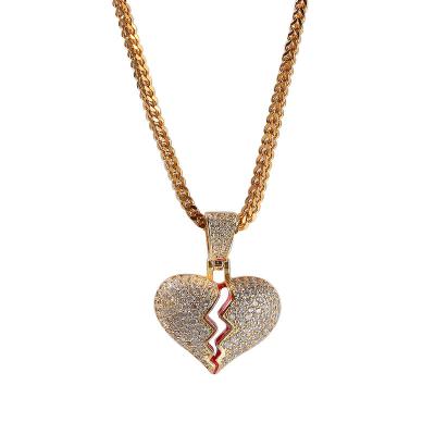 China Imported Raw Material Broken Heart Zircon Hiphop Stainless Steel Charms Gold Heart Pendant Necklace for sale