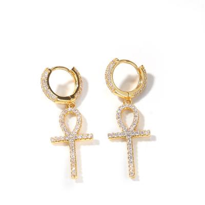 China New Hiphop Style Earrings Hip Hop Street Pulling Punk Style Full Diamond Iced Out Zircon Anhe Cross Earrings Fashionable Ear Jewelry for sale