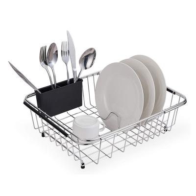 China Sustainable Expandable Dish Drying Rack Antirust Stainless Steel Over Sink Dish Drainer With Silverware Rack for sale