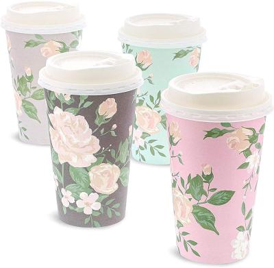 China Vintage Biodegradable Biodegradable Material Disposable Flower Printed Kraft Paper Coffee Juice Cups With Lid for sale