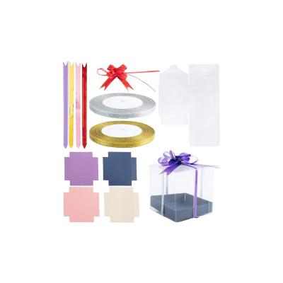 China Recycled Materials Clear Clear Cube Candy PVC Gift Box With Elastic Glitter Ribbon Bows And Bottom Stand For Chocolate Cake Wrapping for sale