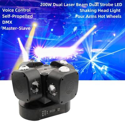 China Multiple Effects 200W Dual Laser Beam Dual Strobe LED Shaking Head Light Four Arms Hot Wheels Voice Self-Propelled DMX Master-Slave Disco DJ Club for sale