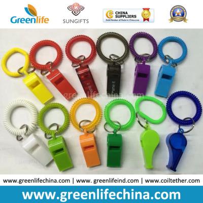 China Customized Color Promotional Wrist Coil W/Plastic Whistle and Key Ring Gift for sale