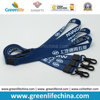 China Custom Logo Blue Lanyards with Custom Black Plating Metal Crimp and Snap Hook for sale