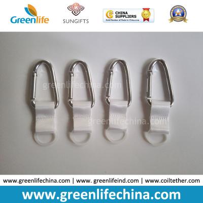 China Customized Silver D-Shaped Carabiner with Short White Webbing Strap and Rubber Round Loop for Hand Washing Bottle for sale