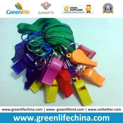 China High Quality Eco-friendly Plastic PS Colorful Whistles 5.6x1.8cm with Green Lanyard 45cm Length for sale