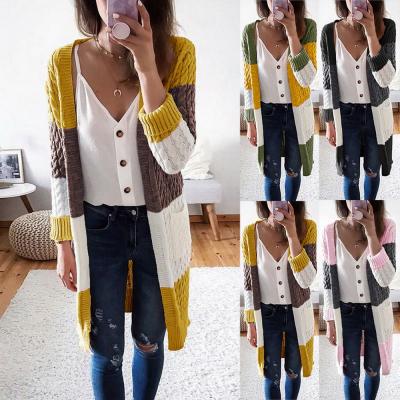 China 2021 New Autumn Winter Women Ladies Breathable Striped Print Knitted Long Sweaters Cardigan Jacket With Pockets for sale