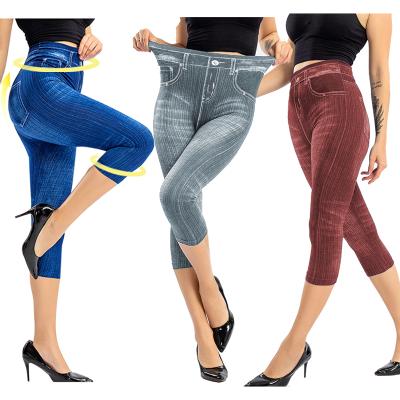 China Women Breathable Denim Print Leggings Butt Lifting Fashion Slim Elastic Pants Cropped Trousers 2021 Hot Selling for sale