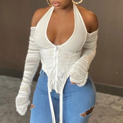 China Fashion Women's Breathable Clothing 2021 Spring V-Neck Tops Lace Up Transparent Mesh T-shirt Long Sleeve Crop Tops for sale