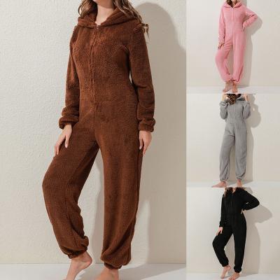 China 2021 New Arrivals Ladies 1-Piece Zipper Pajamas QUICK DRY Solid Color Plus Fleece Plush Thick Overalls Hooded Pajamas for sale