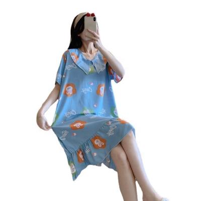 China 2021 Summer Girls Comfortable Women Sleepwear Cotton Edge Nightgown Cute Soft Ruched Breathable Sleep Shirt With Floral Print for sale