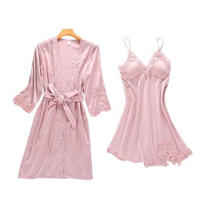 China QUICK DRY Sexy Ice Silk Nightgown New Arrival Halter Waistband Breast Pad Lace Up Light Soft Satin Homewear Long Robes Sets for sale