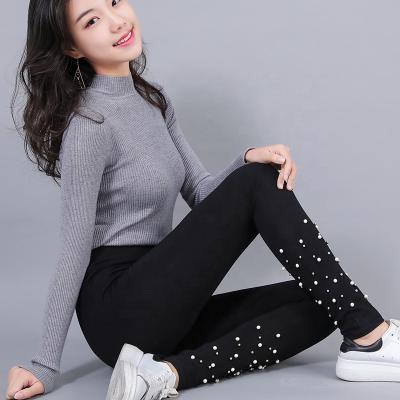 China Factory Direct Breathable 95% Cotton Pearl Women Pencil Pants Gaiters Wholesale Ladies High Waist Casual Stretch Slim Trousers for sale