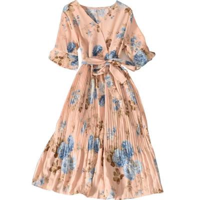 China New Korean Fashion Breathable Waist Floral Print Chic Slim V-Neckline Pleated Elegant Chiffon Dress Women Dresses Clothing for sale