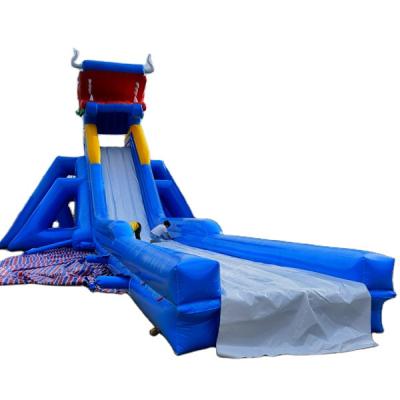 China 0.55mm Plato PVC Tarpaulin Factory Direct Inflatable Gray White Bounce House With Water Slide for sale