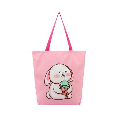 China Simple reminder rose milk tea rabbit cartoon print canvas mom bag shoulder bag mom bag textile factory schoolgirl lunch time cute shopping lady bags for sale