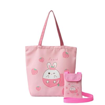 China Cute Mealtime Reminder Pink Peach Rabbit Cartoon Printing Canvas Schoolgirl Shopping Bag Shoulder Bag Mobile Phone Bag One for sale