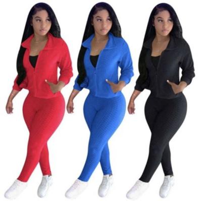 China 2021 Autumn Women's Gym 2 Joggers Lady Solid Color Sleeve Fitness Zipper Set Breathable Two-Piece Pocket Long Skinny Leisure For Women Clothing for sale