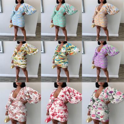 China 2021 New Arrive Autumn Fashion Casual Dress Printed Long Buttocks Pleated Sleeve Skirt Off Shoulder High Waist Sexy V-Neck Dress for sale