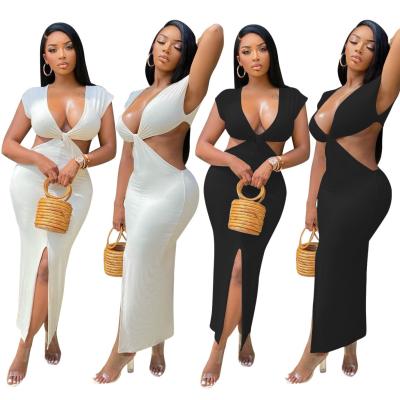 China Women's Clothing 2021 Summer Women's Clothing 2021 Elegant Casual Dresses Bag Breathable Equalizing Hollow V-neck Split Sexy Dress for sale