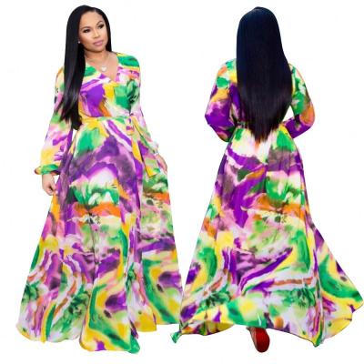 China 2019 Anti-wrinkle fashion Anti-wrinkle flora printed flora deep v-neck casual chiffon maxi dress with long sleeve for sale