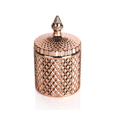 China Large Capacity Daily Life Home Plated Rose Gold Color Glass Candle Jar for sale