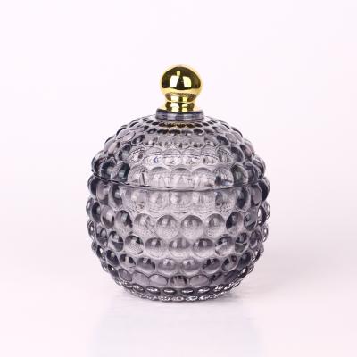 China Hand Made Crystal Gray Glass Reservoir Wax Jar 10oz Candle With Lid And Gold Rim for sale