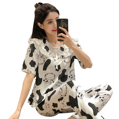 China 2021 new design polyester QUICK DRY pajamas short sleeve and cotton women's pants printed milk sleepwear for sale