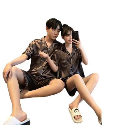 China QUICK DRY Solid Ice Satin Printing Women's And Men's Sleepwear Shorts Sleeve Sets Couple's Pajamas for sale