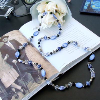 China Fashion Nature Shell Crystal Handmade Blue and White Porcelain Gift Beaded Long Jewelry Necklace for sale