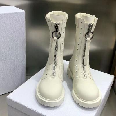 China Fashion Trend Hot Selling Over The Top Ankle Boots 4.5 Cm Heel Lace Up Chunky White Boots Leather Trim Upper Women Shoes for sale