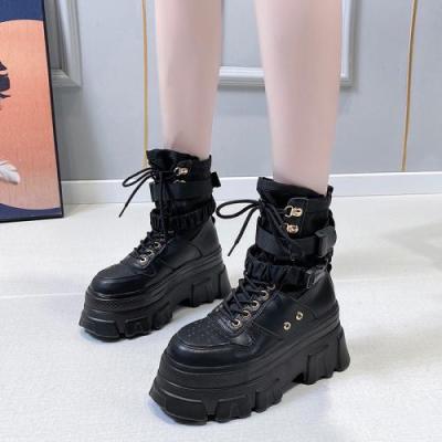 China New PU Leather Sling Drawstring Shoes Women Rubber Cool Platform Short Boots 686562 Single Front Thick Rubber Ankle Boot for sale