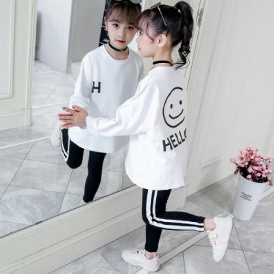 China New 100% Cotton Kids Clothing Girls Fall Outfits Clothes Sets White Two-Piece Shirts And Pants Printed Smile Baby Face 465396 for sale