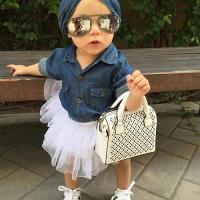 China Other Hot Selling Denim and Cotton Girl's Wholesale Children Clothing Kids Clothes Girl Dresses Set Skirt and Three Piece Hair Ring Top for sale