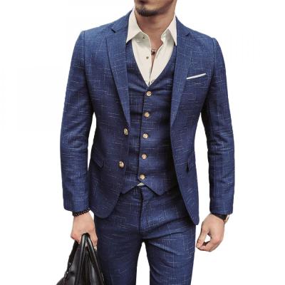 China Spandex/Polyester Polyester Spandex Business Men Suits Breathable 3 Piece Vest Pants And Coat Printed Plaid Groom Wedding Blue Suits 100531 for sale