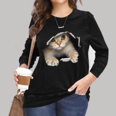 China Breathable Printed Cats Plus Size Womens Long Sleeve Loose T-Shirt for sale