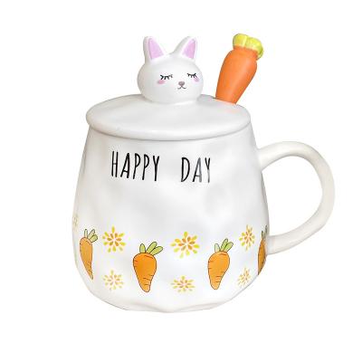 China Cute Cartoon Rabbit Cartoon Mug Ceramic Carrot Couple Cup With Lid Pocket Girls Office Water Cups for sale